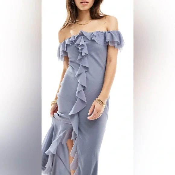 ASOS Dusty Blue Asymmetrical Ruffle Off-Shoulder Gown - Picture 3 of 9